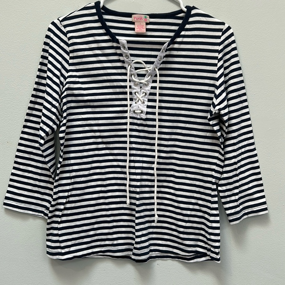 Pink striped medium length sleeved top